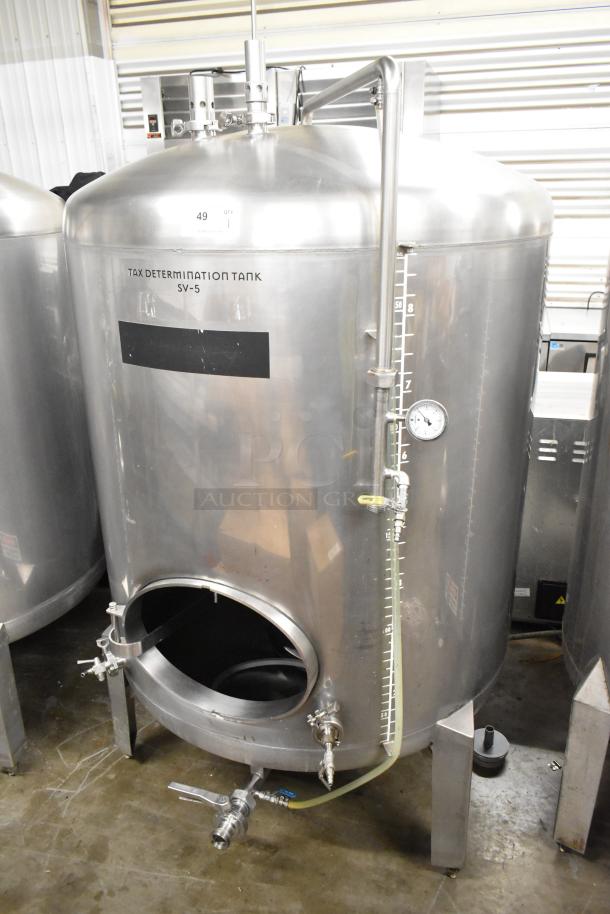 Stainless steel 8.75 BBL/367 gallon beer tax determination tank with gauges and spouts, labeled "Tax Determination Tank SV-5".