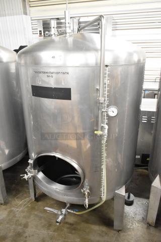 Stainless steel 8.75 BBL/367 gallon beer tax determination tank with gauges and spouts, labeled "Tax Determination Tank SV-5".