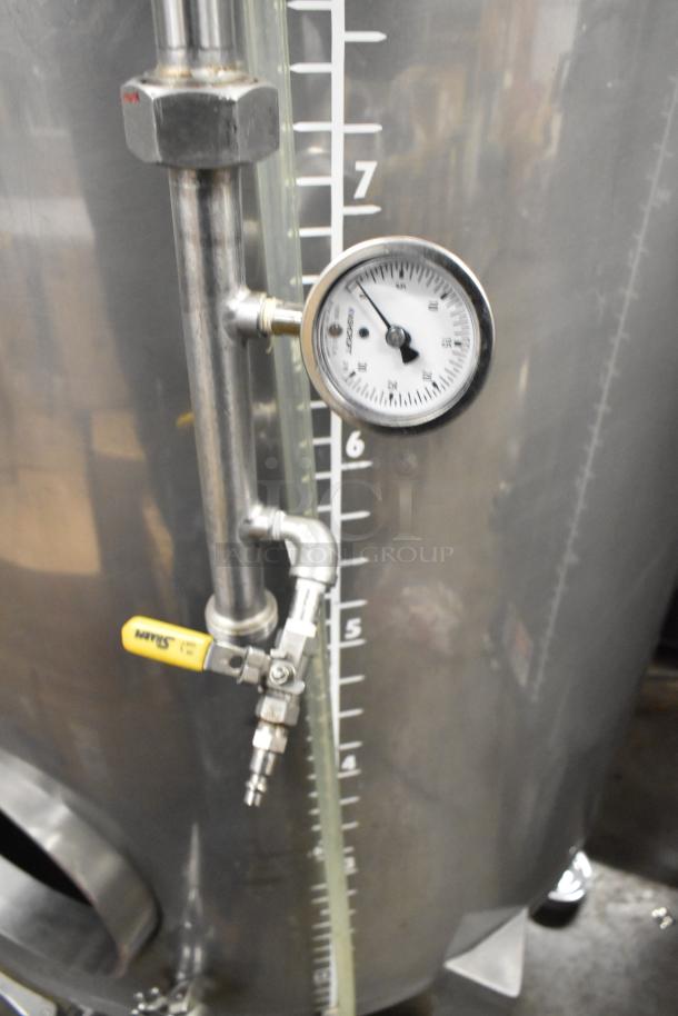 Stainless steel 8.75 BBL clear beer tank with gauge and measurement markings, commercial floor style, 367-gallon capacity.