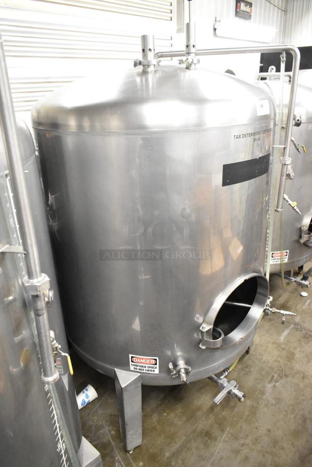 Stainless steel 8.75 BBL beer tax determination tank, floor style, with valves and gauge; label reads "Tax Determination SV-5".