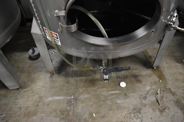 Stainless steel commercial floor-style 8.75 BBL/367-gallon beer tank, features inlet/outlet valves, "Danger" and "Confined Space" labels.