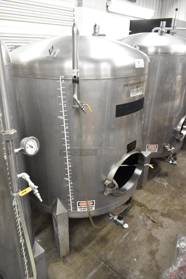 Stainless steel 8.75 BBL beer tax determination tank, 367 gallons, clear beer tank, floor style, with measurement markings.