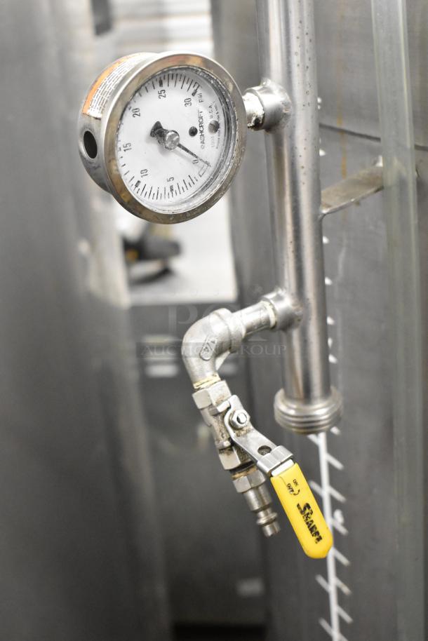 Stainless steel commercial 8.75 BBL / 367-gallon beer tank with pressure gauge, lever valve, and hash marks for measurement.