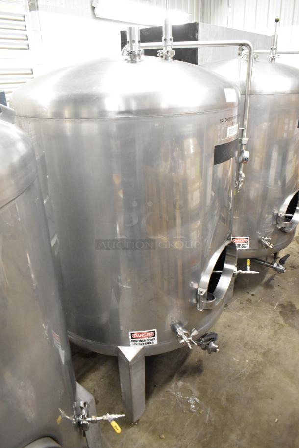 Stainless steel commercial floor style 8.75 BBL beer tank, 367-gallon capacity, labeled for tax determination and clear beer.