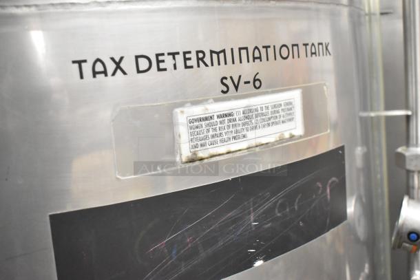 Stainless steel commercial beer tax determination tank, model SV-6, 8.75 BBL capacity, labeled with government warning.