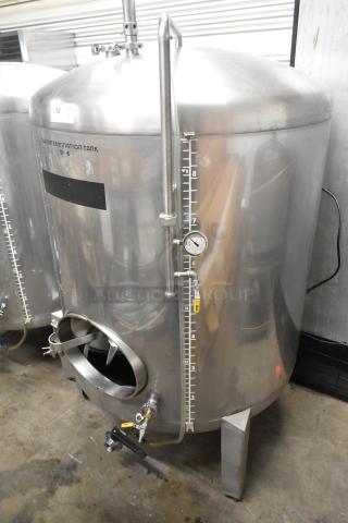 Stainless steel 8.75 BBL, 367-gallon beer tax determination tank. Floor style, clear markings, valve, and pressure gauge.