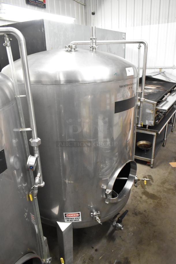 Stainless steel 8.75 BBL/367 gallon beer tax determination tank, labeled, with safety warning. Commercial use.
