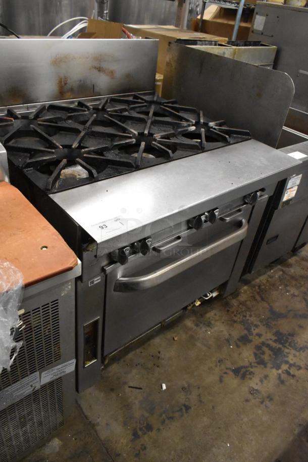 Southbend P36G-BBB stainless steel commercial 6 burner gas range with oven, used condition, visible control knobs and oven handle.