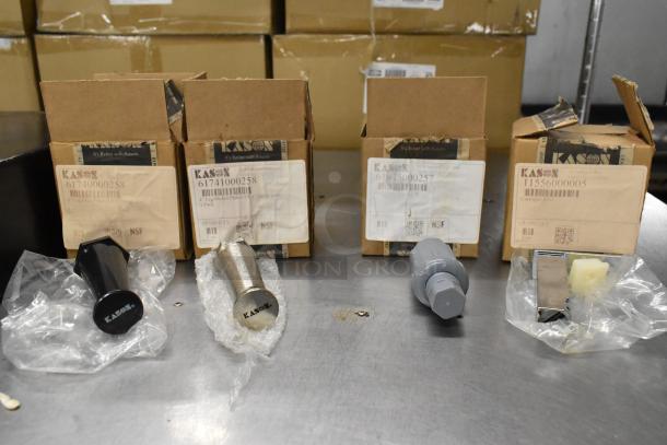 Five Kason items in boxes, featuring a Hex Foot and Door Hinge, scratch and dent condition, with visible labels.