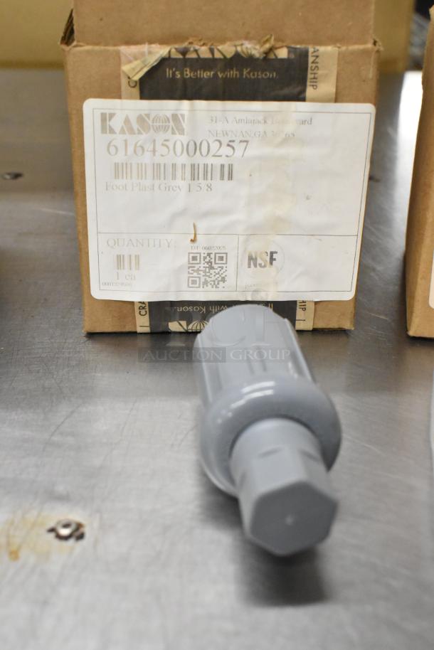 Kason Hex Foot in original packaging, label shows "Foot Plast Grey 1 5/8" with NSF marking, box slightly worn.