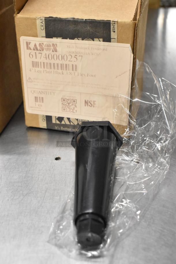 Box labeled Kason, containing a black plastic 4" leg, model 61740000257, brand new condition, sealed in plastic.