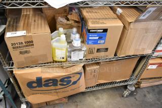 14 various items, including Coastwide glass cleaner and pH neutral floor cleaner, stored on metal shelving. Boxes labeled with product details.