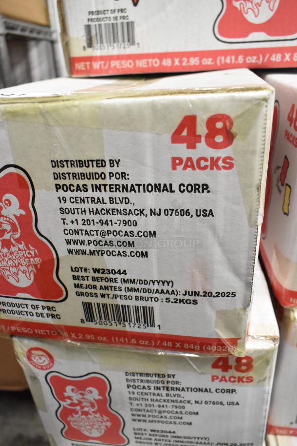 58 boxes of Hot and Spicy Gummy Bears, each labeled "48 packs," distributed by Pocas International Corp. Best before: June 20, 2025.