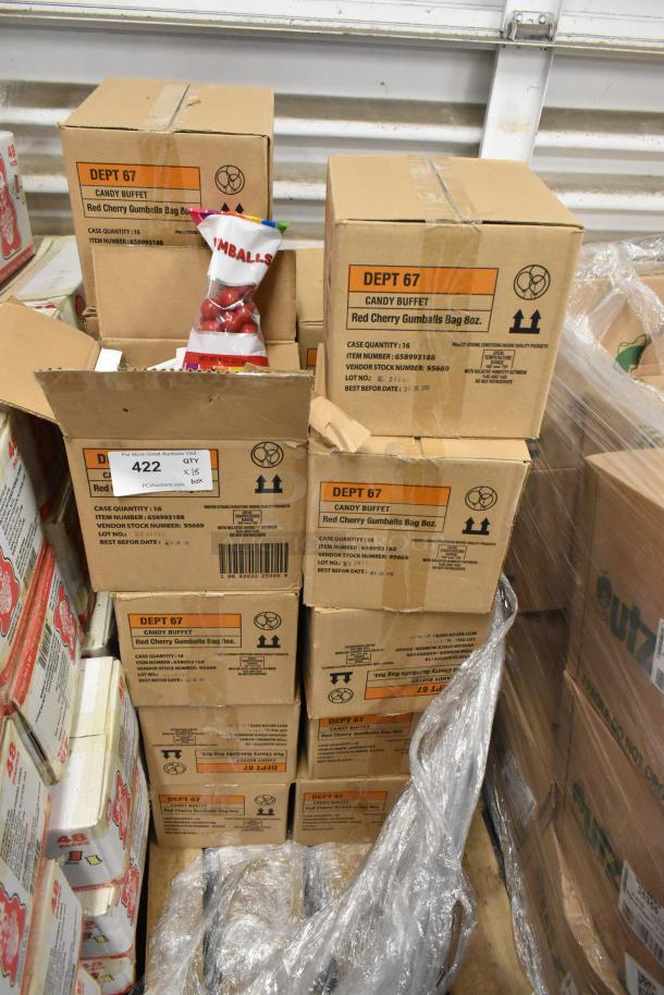 18 boxes of Candy Buffet Red Cherry Gumballs, 8oz each, new condition. Each box labeled "Dept 67" with 16 bags per box.
