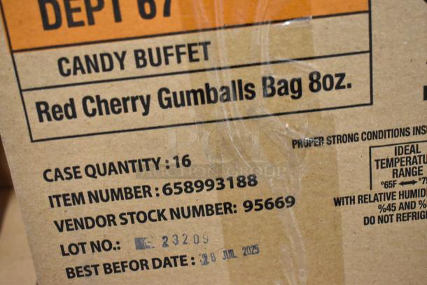 18 new boxes of Candy Buffet Red Cherry Gumballs, 8oz bags. Case quantity: 16. Best before: July 28, 2025.