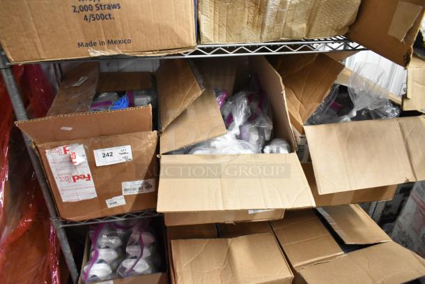 Open cardboard boxes containing various bottles, including Clorox Anywhere Daily Disinfectant and Sanitizer Spray. Packages are visible.