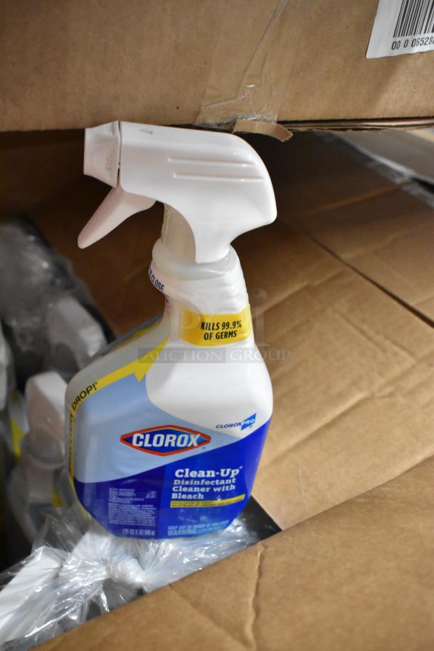 Box of 50 Clorox Clean-Up Disinfectant Cleaner bottles with bleach, showing label "Kills 99.9% of germs."
