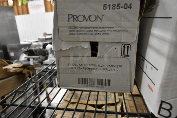 Box of Provon foaming handwash with moisturizers, 4 refills of 1250ml each, visible barcode, slightly worn condition.