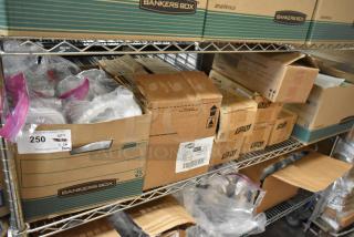 Assorted boxed items including Clorox Disinfectant Spray and Expo White Board Care, shelf stacked, labeled for auction.