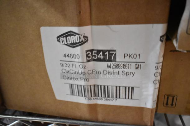 Box labeled Clorox Pro Disinfectant Spray, 9/32 fl. oz., model 35417, showing barcode and item details.