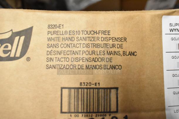 Cardboard box labeled "Purell ES10 Touch-Free White Hand Sanitizer Dispenser," model 8320-E1. Includes barcode.