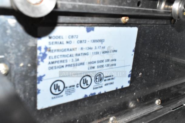 Master Bilt CB72 label showing model, serial number, refrigerant type, electrical rating, and design pressure.