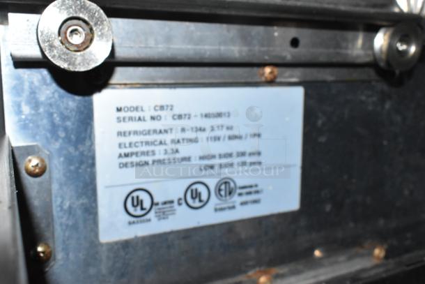 Master Bilt CB72 label showing model, serial number, refrigerant type, electrical rating of 115 volts, and UL certifications.