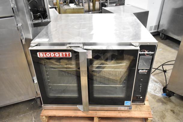 Blodgett Hydrovection Helix stainless steel convection oven with view-through doors, metal racks, and 208V, 3-phase power.