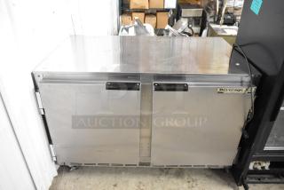 Beverage Air UCR48A stainless steel 2-door undercounter cooler on casters. Includes branding and model label. 115V, 1 phase.