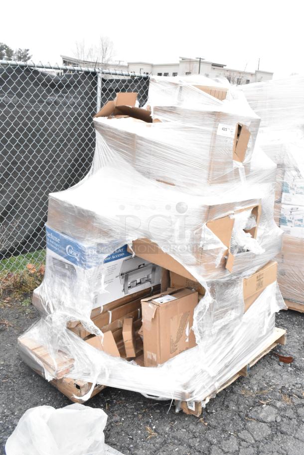 Pallet with 25 new scratch and dent items, including spatulas, sinks, and a chafer, wrapped in plastic.