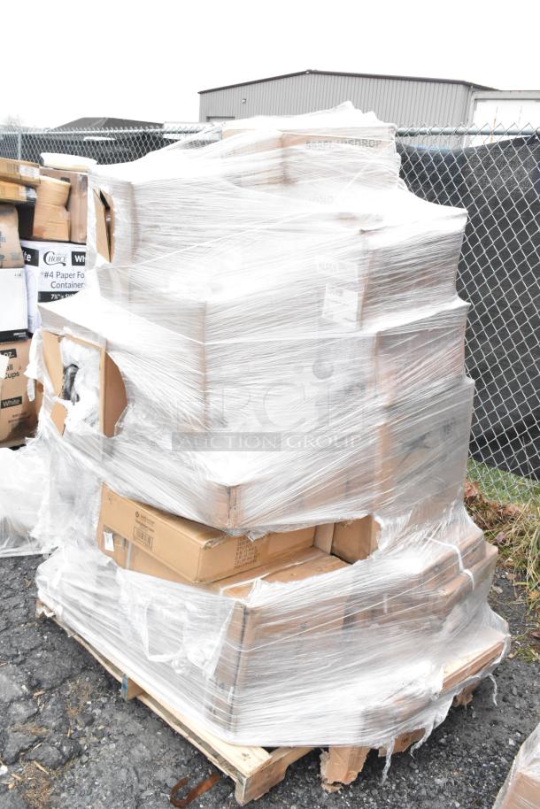 Pallet with 25 new kitchen items, including spatulas, sinks, and chafers, wrapped in plastic. Some boxes are dented.