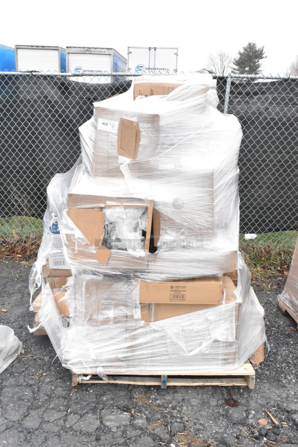 Pallet of 25 scratch and dent items, including spatulas, sinks, and chafers, wrapped in plastic with visible packaging damage.