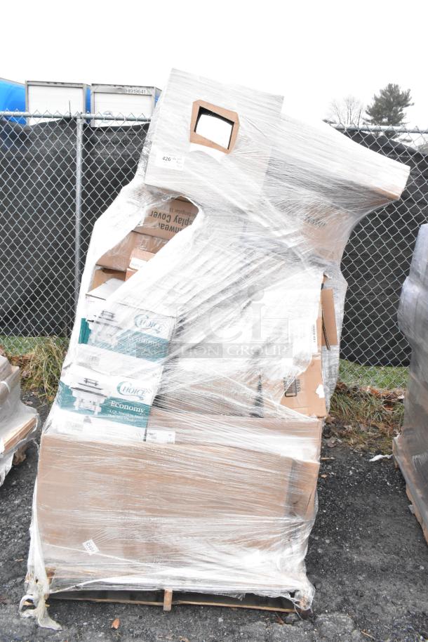 Shrink-wrapped pallet with boxes labeled "Choice" containing scratch and dent kitchen items like chef pants and utensils.