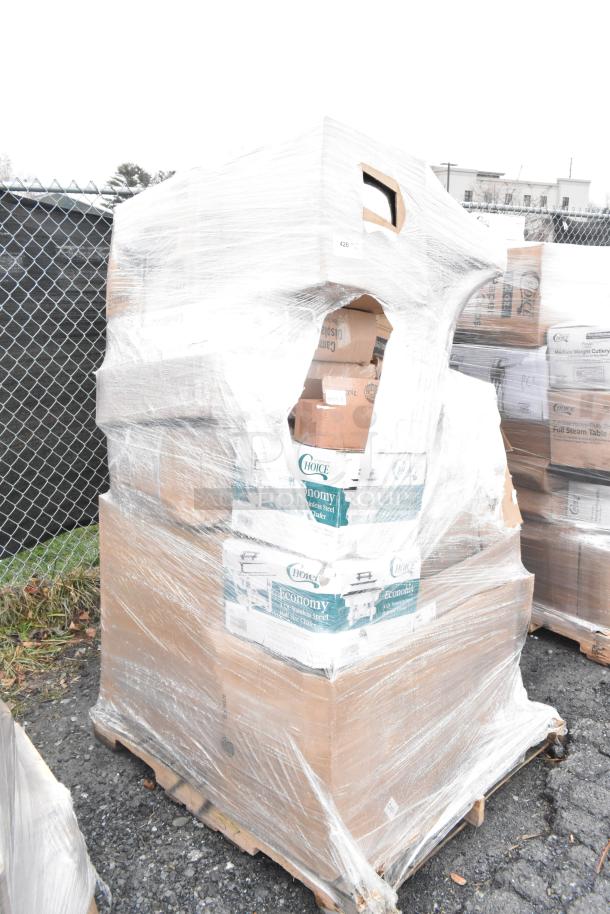 Pallet of 20 new scratch and dent items, including chef pants, knives, spoons, and mixing bowls, wrapped in plastic.