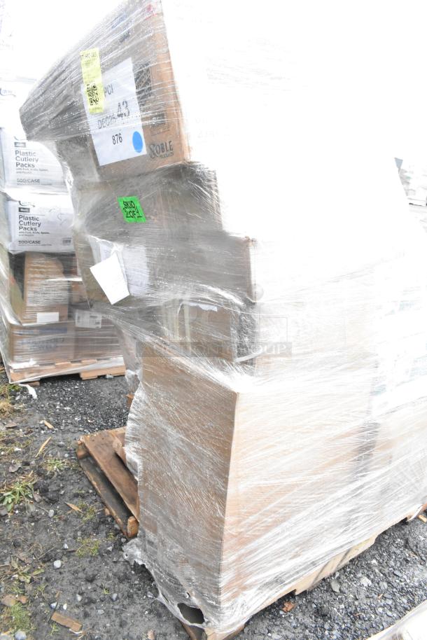 Plastic-wrapped pallet containing new kitchen items, including chef pants, knives, spoons, and mixing bowls. Visible labels indicate contents.