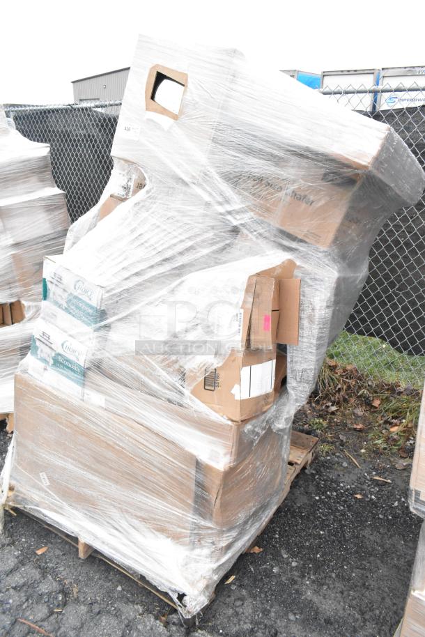 Pallet of 20 new, scratch and dent items, including chef pants, knives, spoons, and mixing bowls, wrapped in plastic.