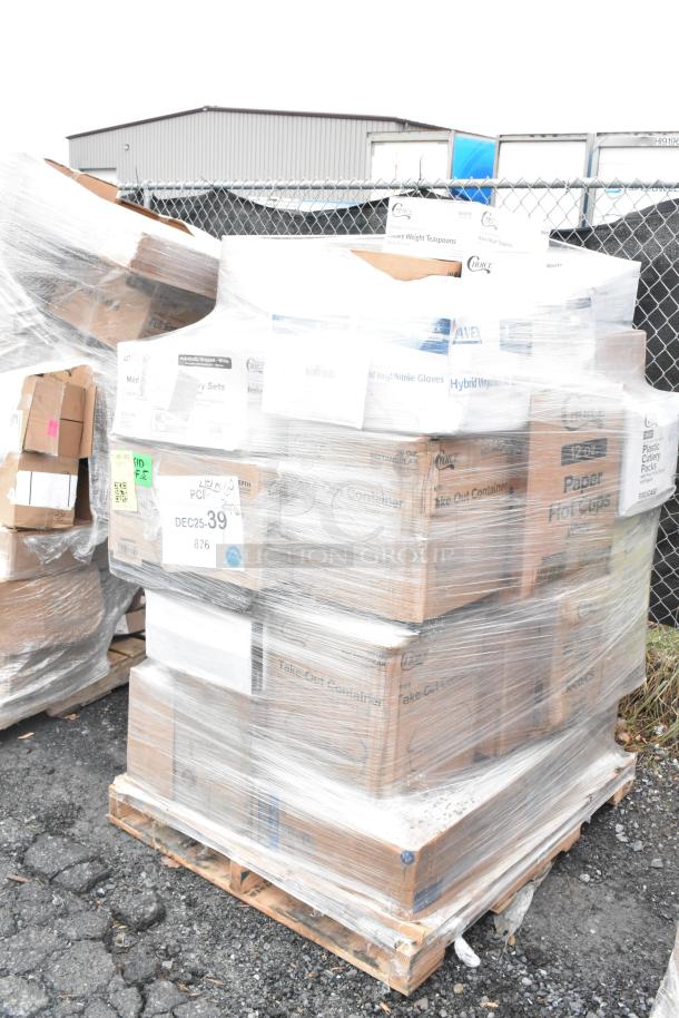Shrink-wrapped pallet of assorted boxed items labeled as scratch and dent, including containers and gloves. Boxes appear intact.
