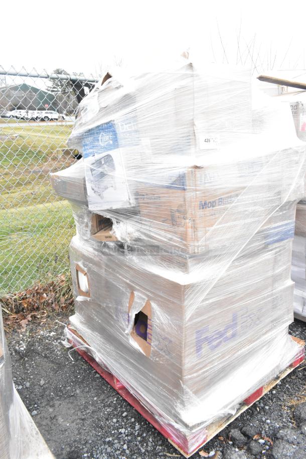 Pallet with 23 new scratch and dent items including Lancaster bar stools, wrapped in plastic. Visible FedEx and Mod labels.