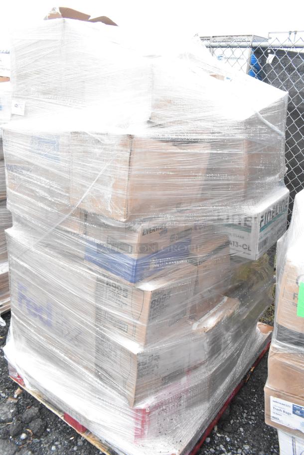 Pallet of 23 boxed items shrink-wrapped, includes Lancaster Table & Seating Boomerang bar stools. New, scratch and dent condition.