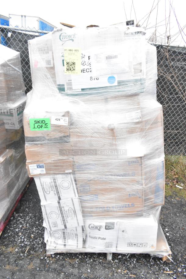 Pallet of 42 scratch and dent items, including towels, steam pan lids, and tumblers, wrapped in plastic. Various brand labels visible.