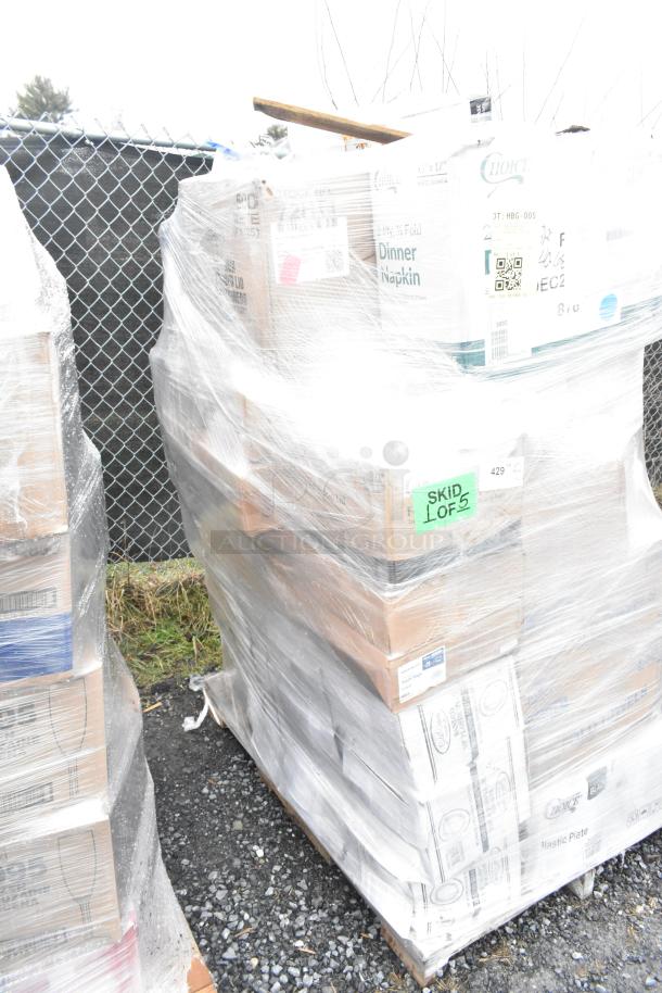 Pallet with 42 brand new scratch/dent items including towels, steam pan lids, tumblers. Wrapped in plastic, visible labels.