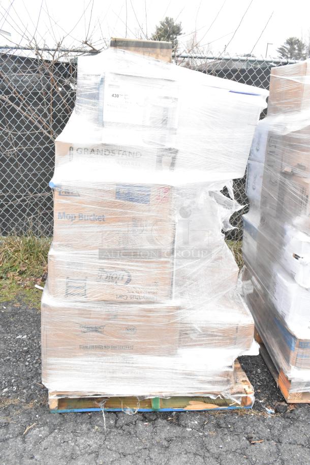 Pallet of 22 brand new scratch and dent items, including glasses, table legs, and casters, wrapped in plastic film.