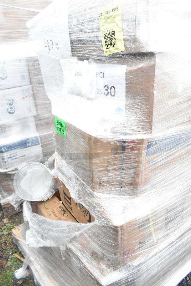 Pallet with wrapped boxes containing brand new scratch and dent items including glasses, table legs, casters. Labels visible.