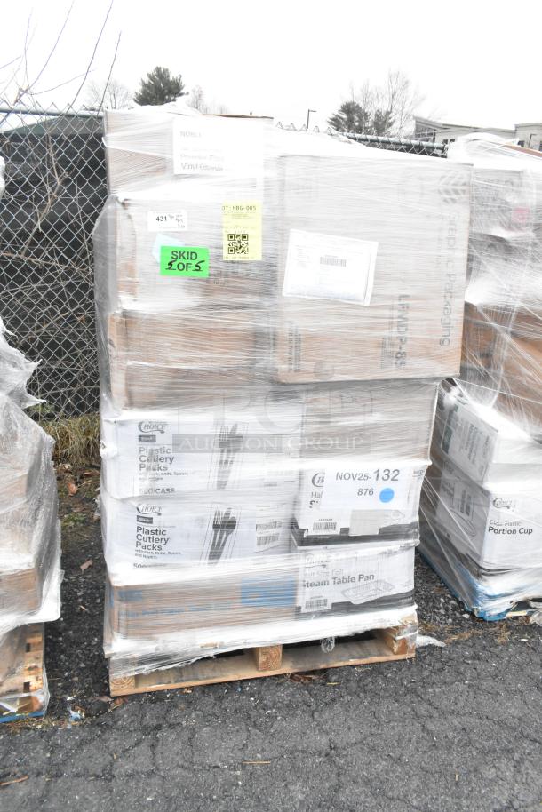 Pallet of new scratch and dent items, including plastic cutlery packs, drink carriers, and trash bags, in shrink wrap.