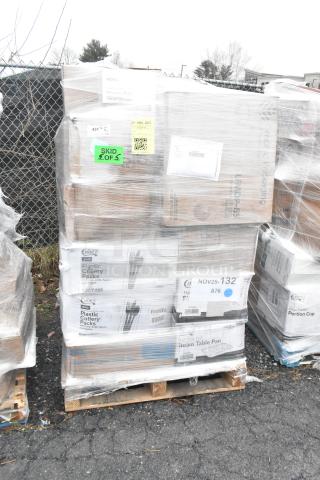 Pallet of new scratch and dent items, including plastic cutlery packs, drink carriers, and trash bags, in shrink wrap.