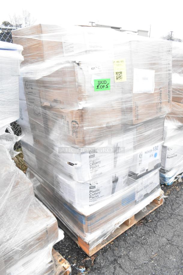 Pallet of brand new scratch and dent items including cold cups, drink carriers, trash bags, and cutlery packs, wrapped and labeled.