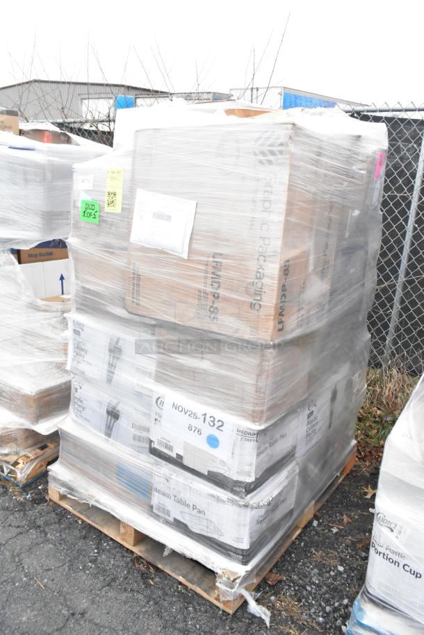 Pallet with 30 brand new scratch and dent items including cold cups, drink carrier, trash bags, and cutlery packs wrapped in plastic.