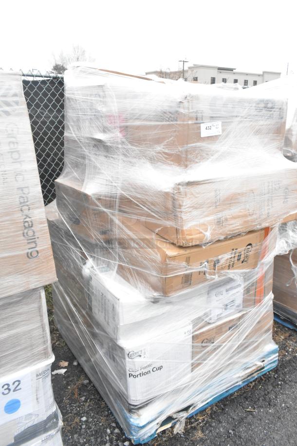 Shrink-wrapped pallet of scratch and dent cups including hot food, foam, and cold cups. Boxes labeled with item details.