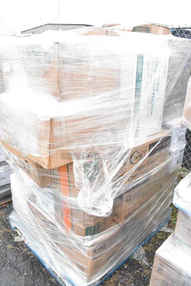 Pallet with 28 new scratch and dent boxes wrapped, including hot food cups, foam cups, cold cups, ready for auction.