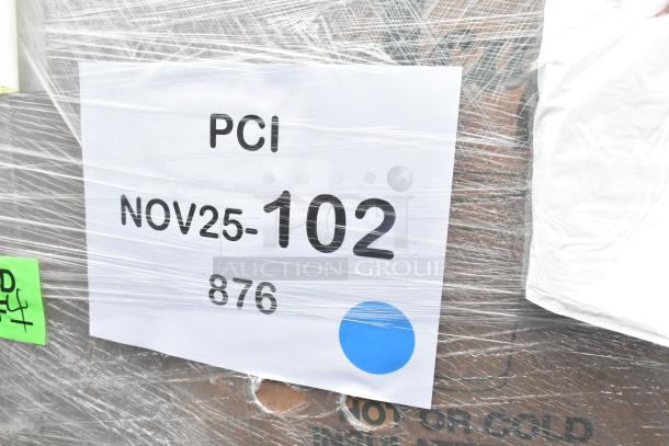 Plastic-wrapped pallet with a label marked "PCI NOV25-102 876" indicating 28 new scratch and dent items; hot and cold cups included.